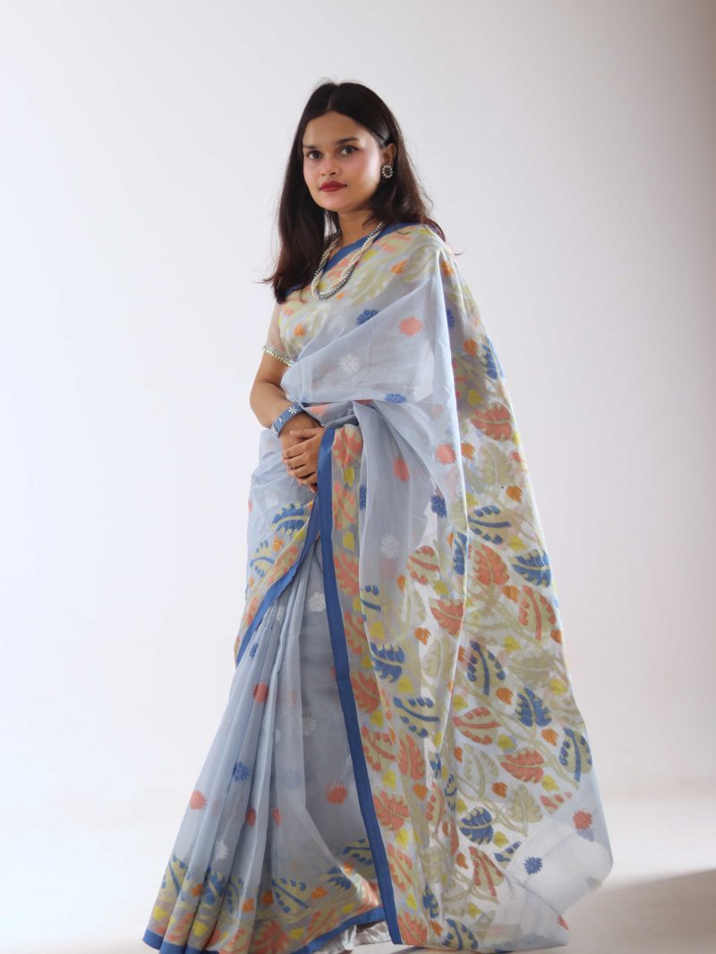 Bluish Gray Multicolor Dual-Tone Meenakari Saree