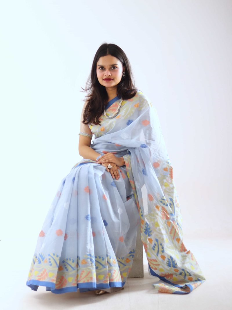 Bluish Gray Multicolor Dual-Tone Meenakari Saree