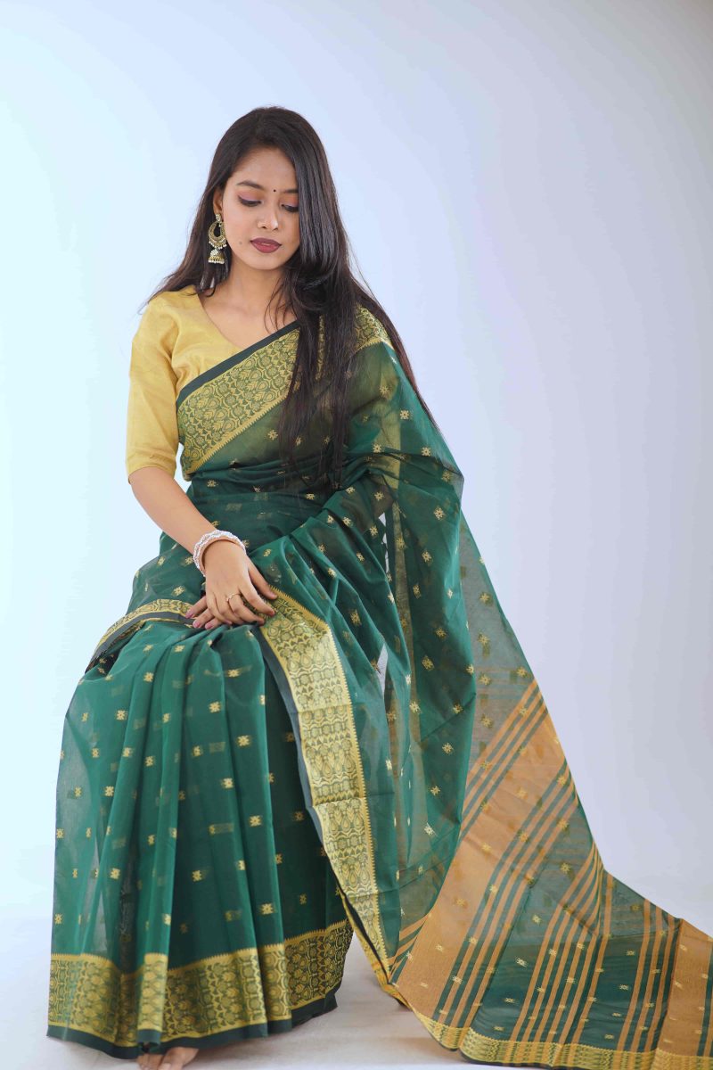 Deep Green & Gold Jamdani Hybrid Saree