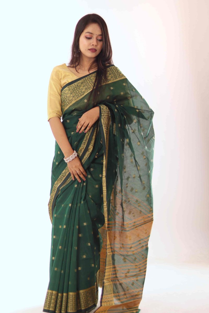 Deep Green & Gold Jamdani Hybrid Saree