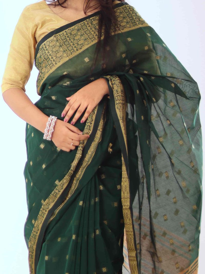 Deep Green & Gold Jamdani Hybrid Saree