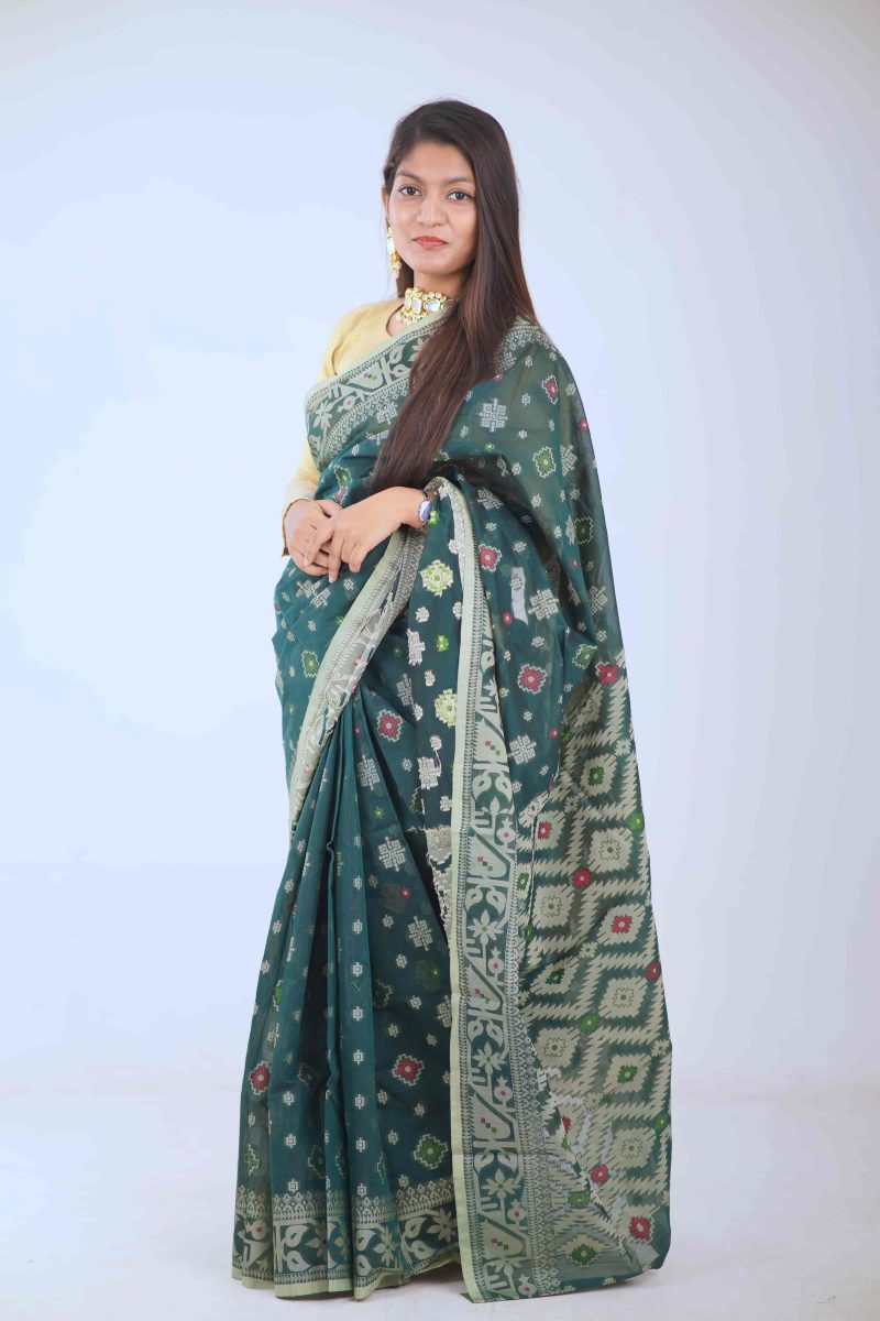 Deep Forest Green & Silver Half Silk Saree