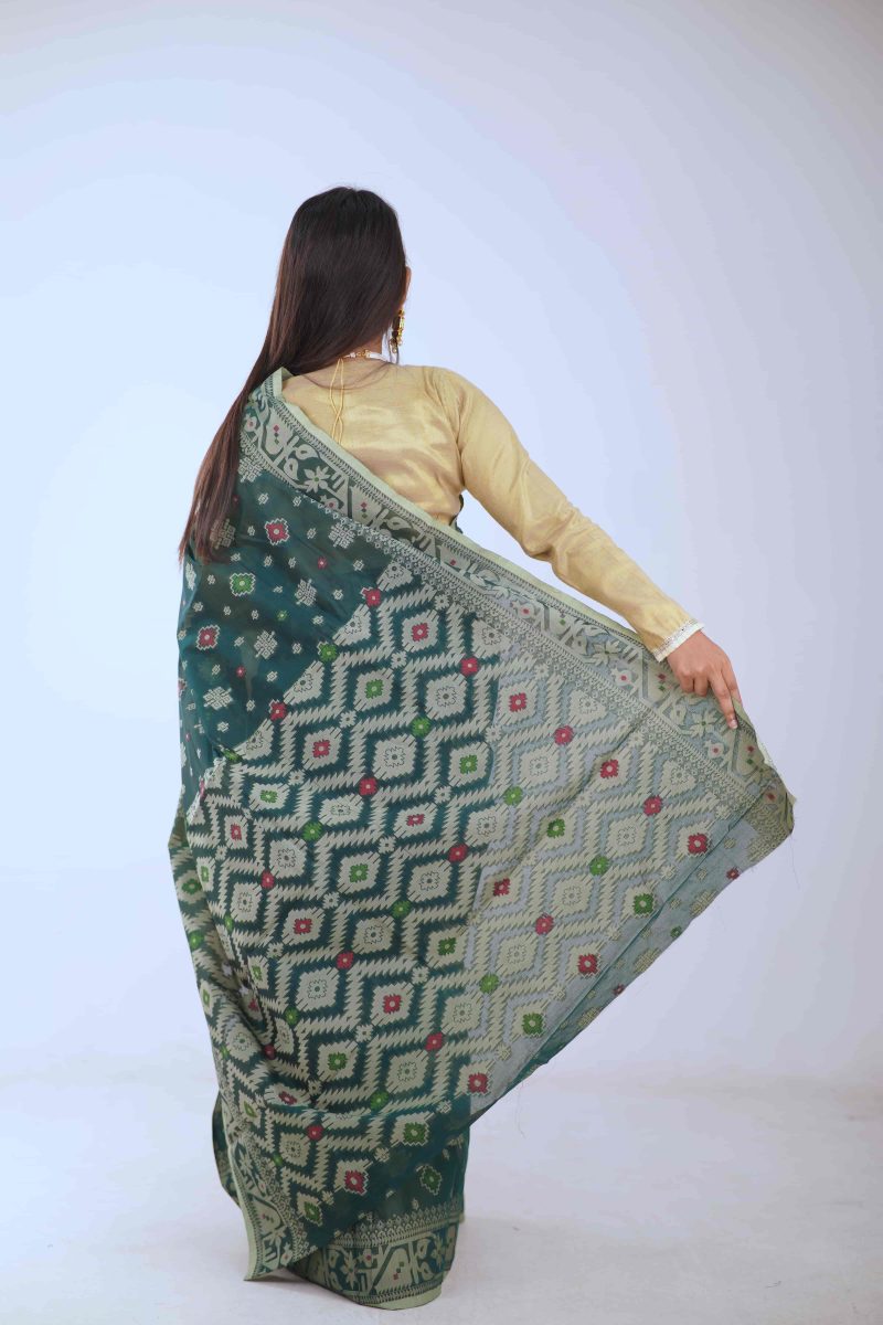 Deep Forest Green & Silver Half Silk Saree