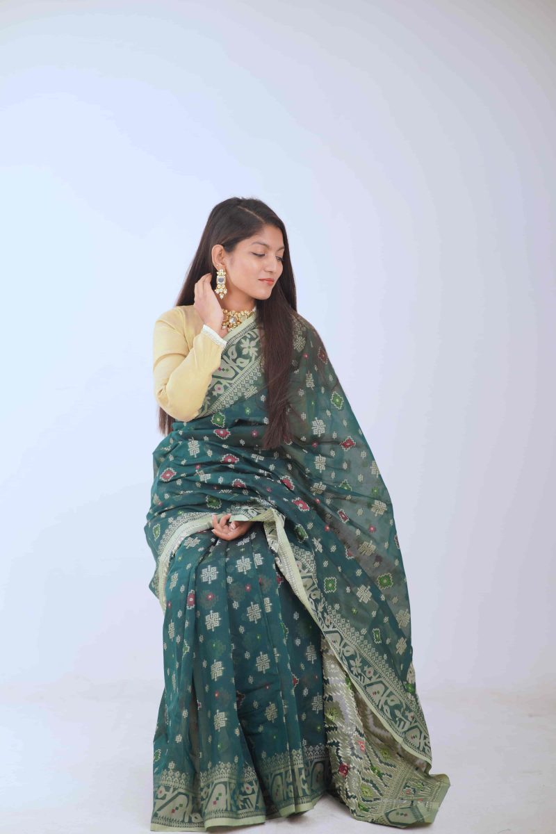 Deep Forest Green & Silver Half Silk Saree