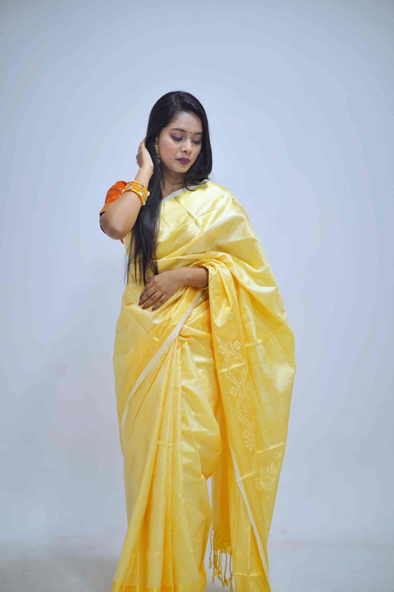 Yellow White Woven Katan Silk Saree