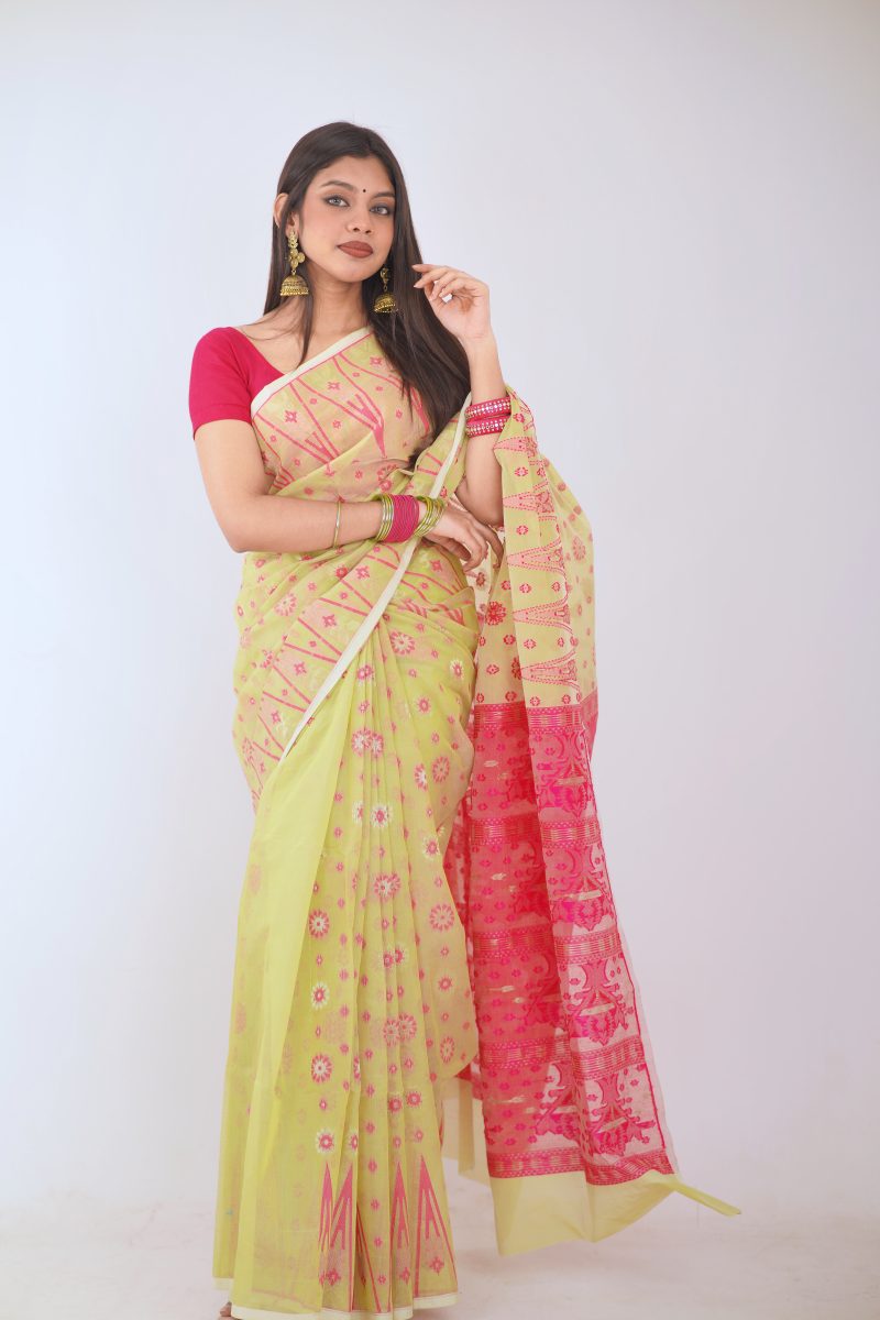 Lime Pink Woven Jamdani Stain Silk Saree