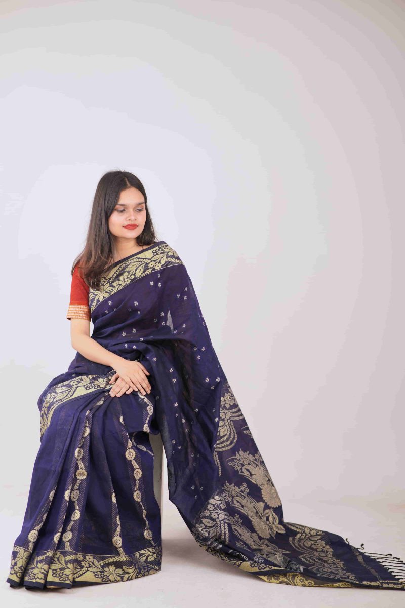 Navy Blue & Gold Taj Mahal Cotton Saree