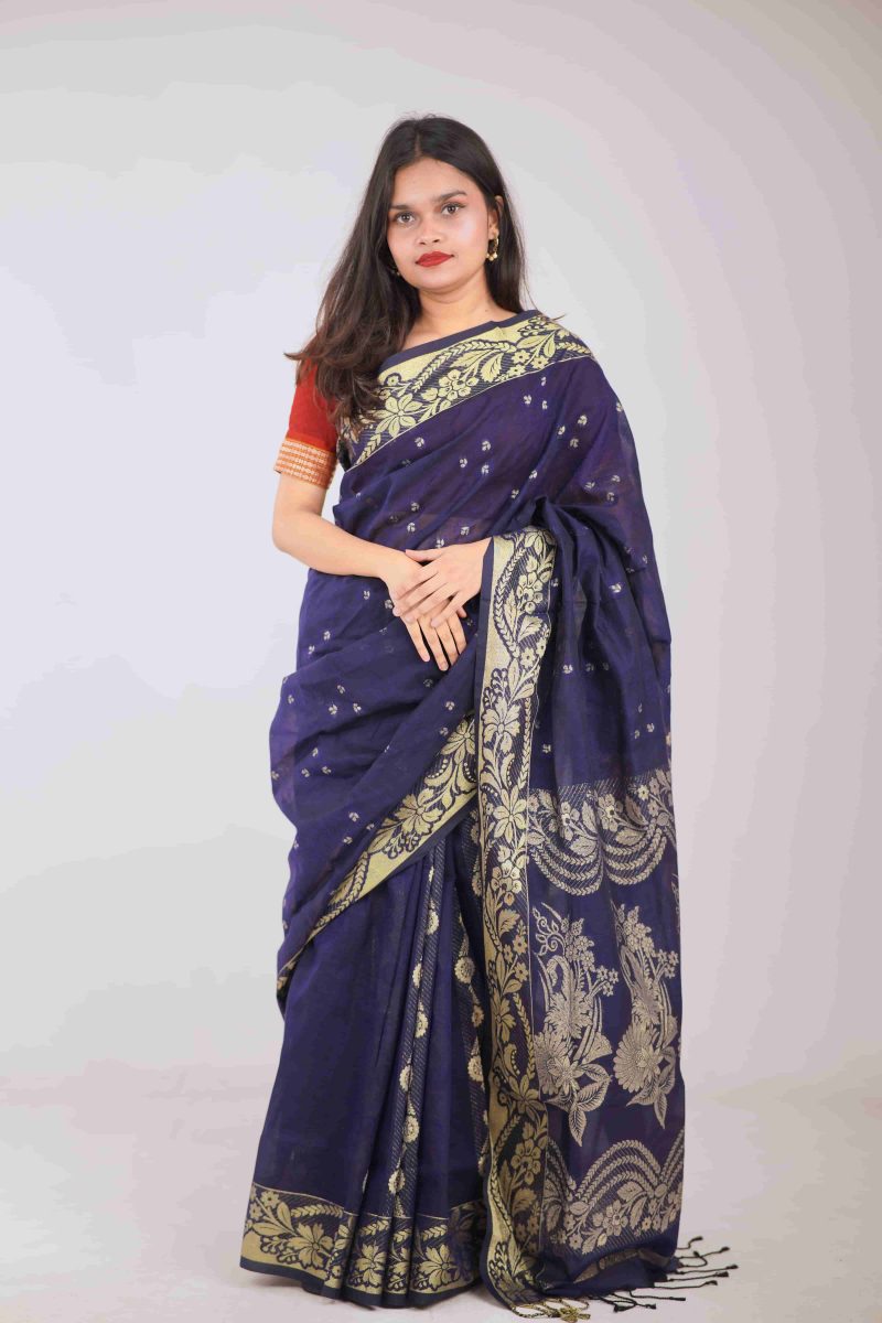 Navy Blue & Gold Taj Mahal Cotton Saree