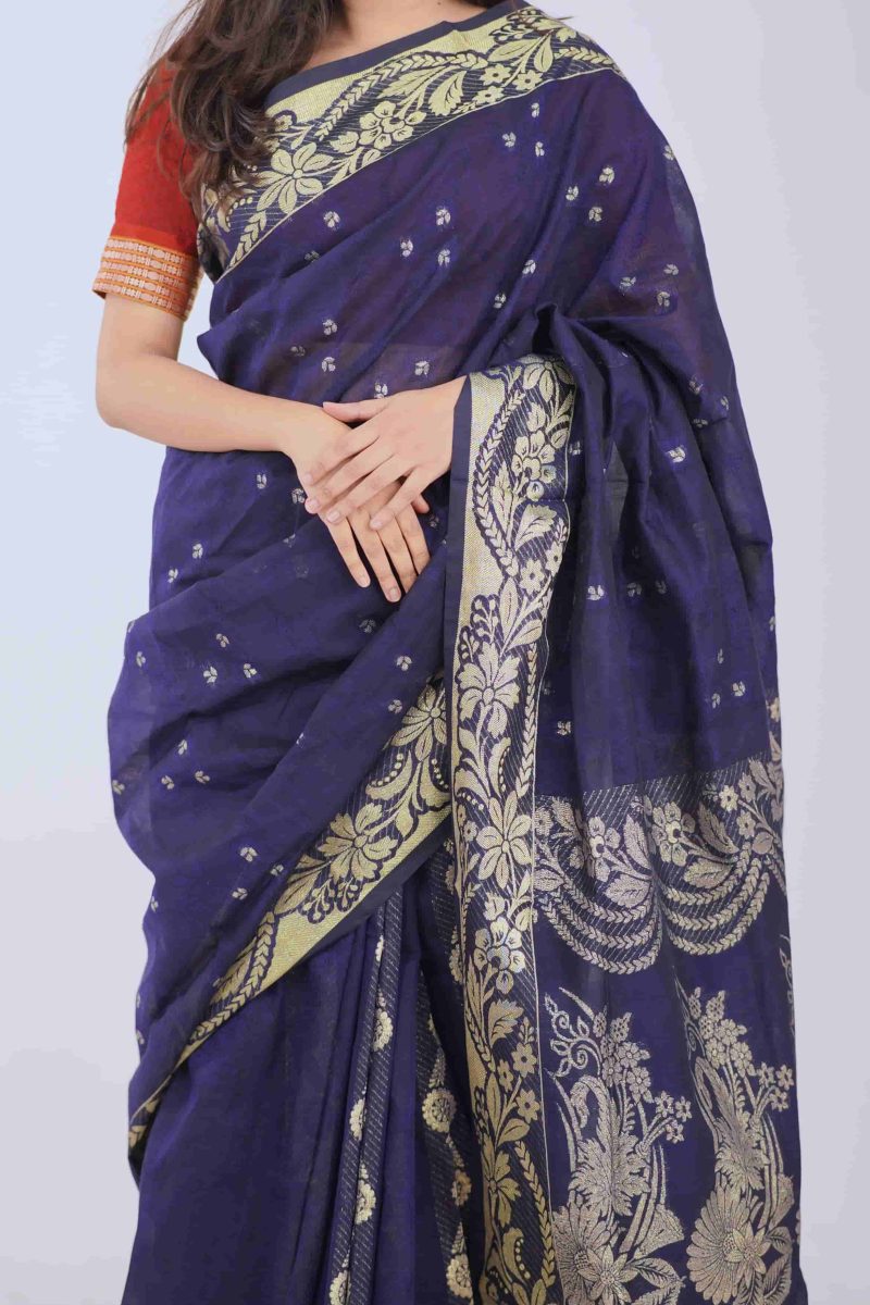 Navy Blue & Gold Taj Mahal Cotton Saree