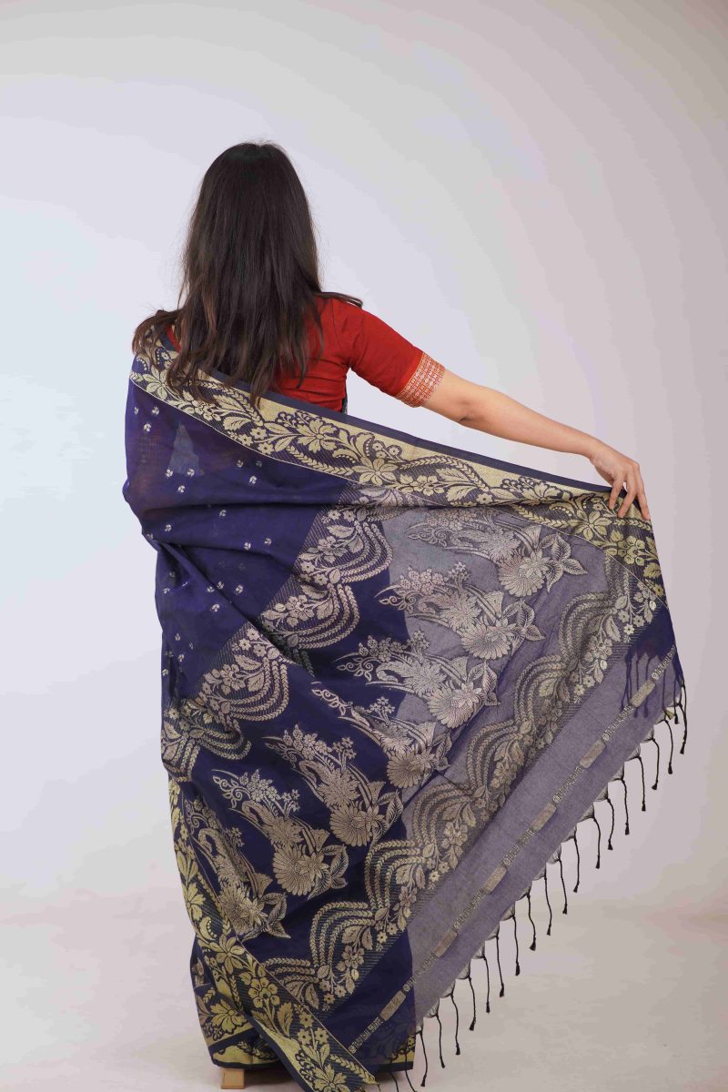Navy Blue & Gold Taj Mahal Cotton Saree