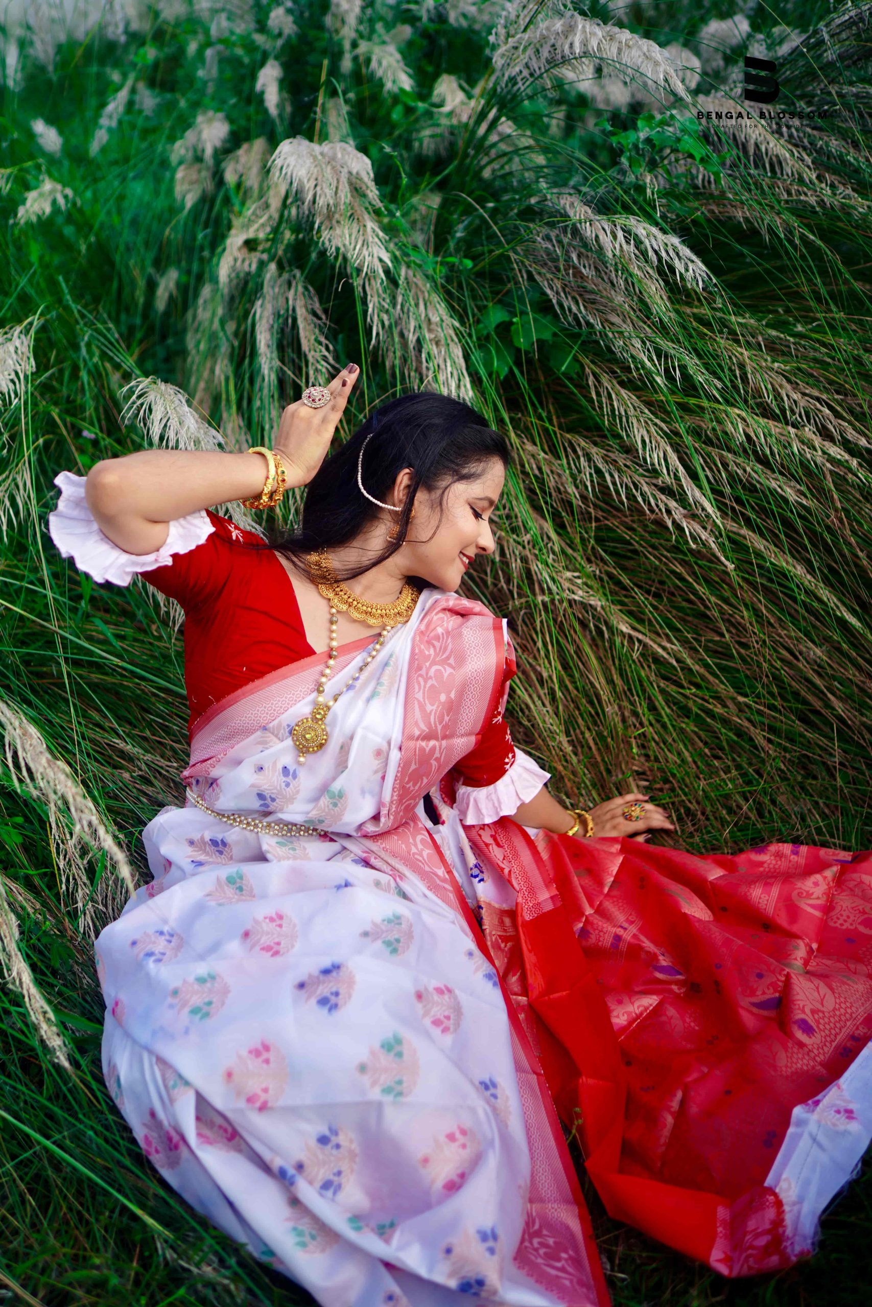Red Border White Puja Saree