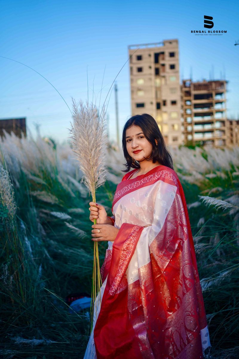 Red Border White Puja Saree (Premium)